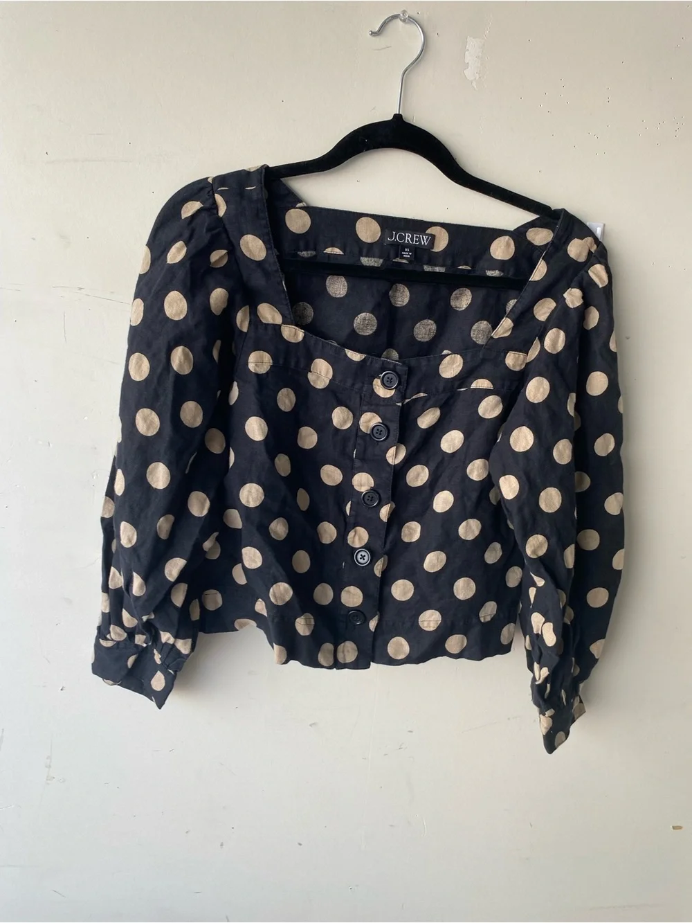 J.Crew Black Tan Polka Dot Square Neck Linen Puff Sleeve Blouse Top XS
